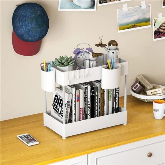 2 Tier Under Kitchen Bathroom Cabinet Storage Rack with 6 Hooks and 2 Baskets - Picture 4 of 6